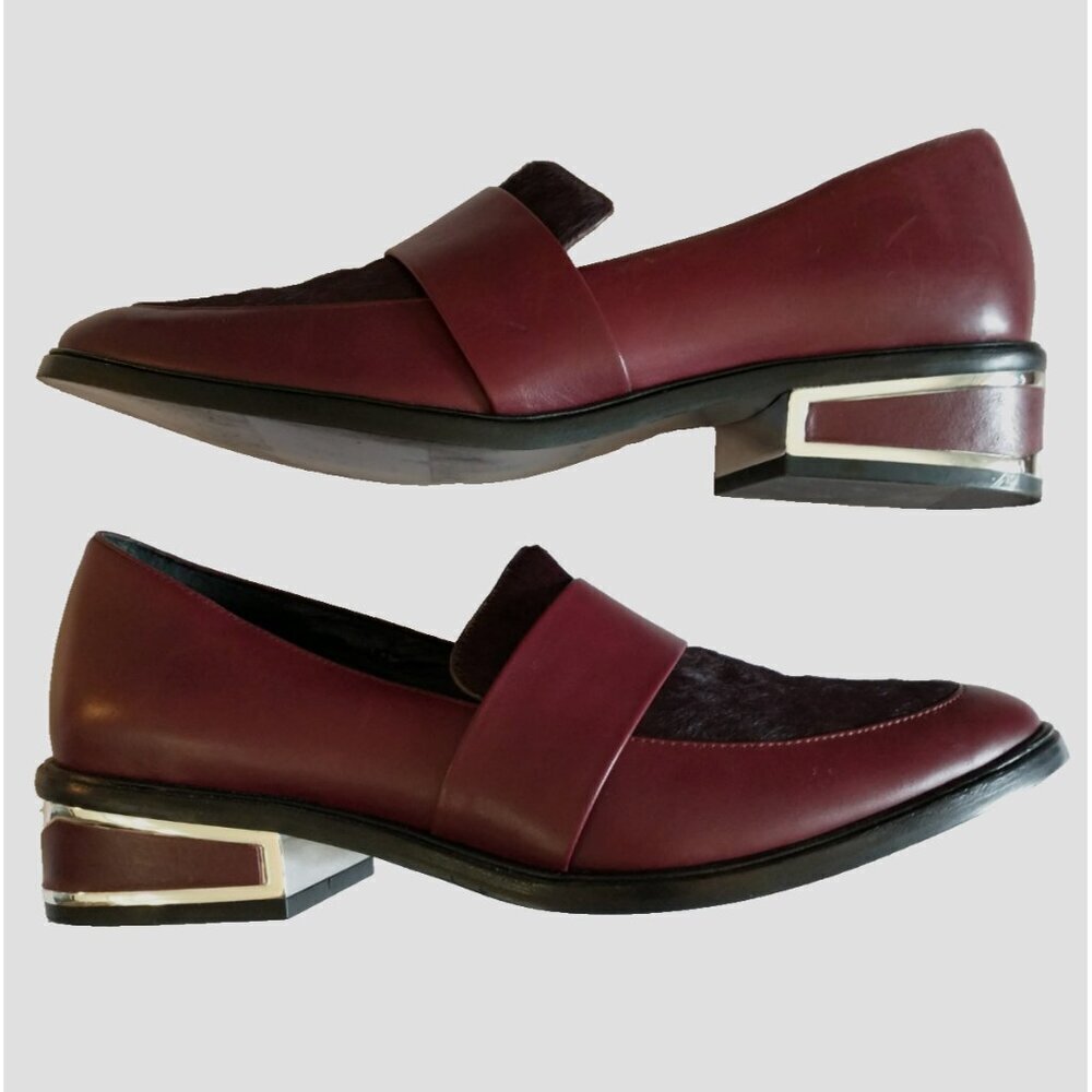 RACHEL ZOE Women's Loafers Leather & Calf Hair Wine Shoes Mirror Accents - 8.5 M